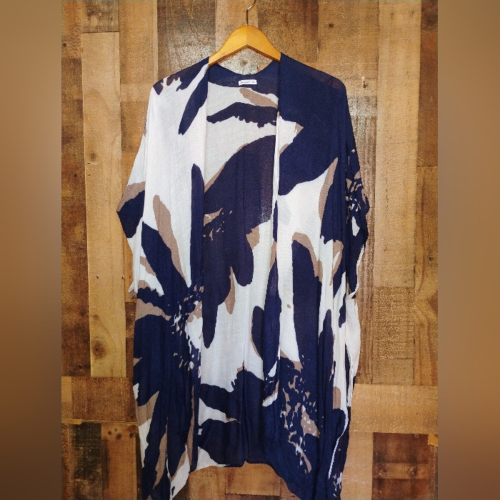 Breezy Lane Navy White Floral Kimono Swim Cover Up One Size